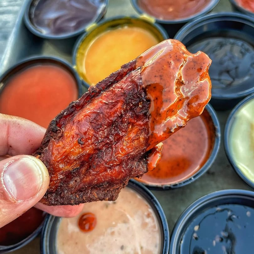 A hand holds a saucy chicken wing over an array of dipping sauces in small bowls.